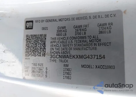 2021 Chevrolet Silverado 1500 2Wd Long Bed Wt z USA, uszkodzony, nr VIN 3GCNWAEKXMG437154